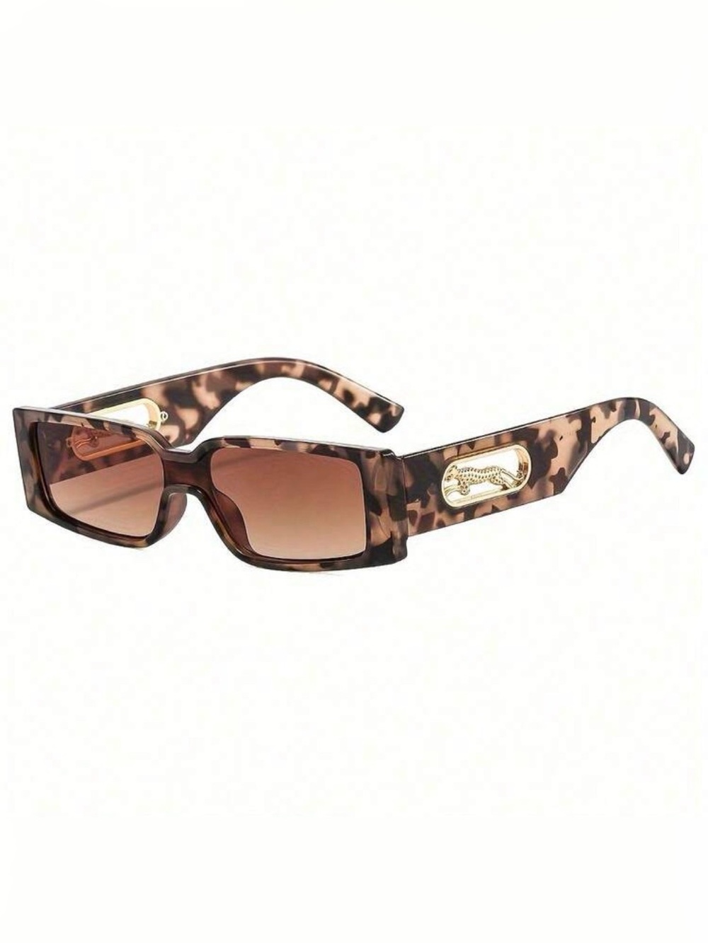 Tortoiseshell Rectangular Sunglasses with Gold Accent - Brown